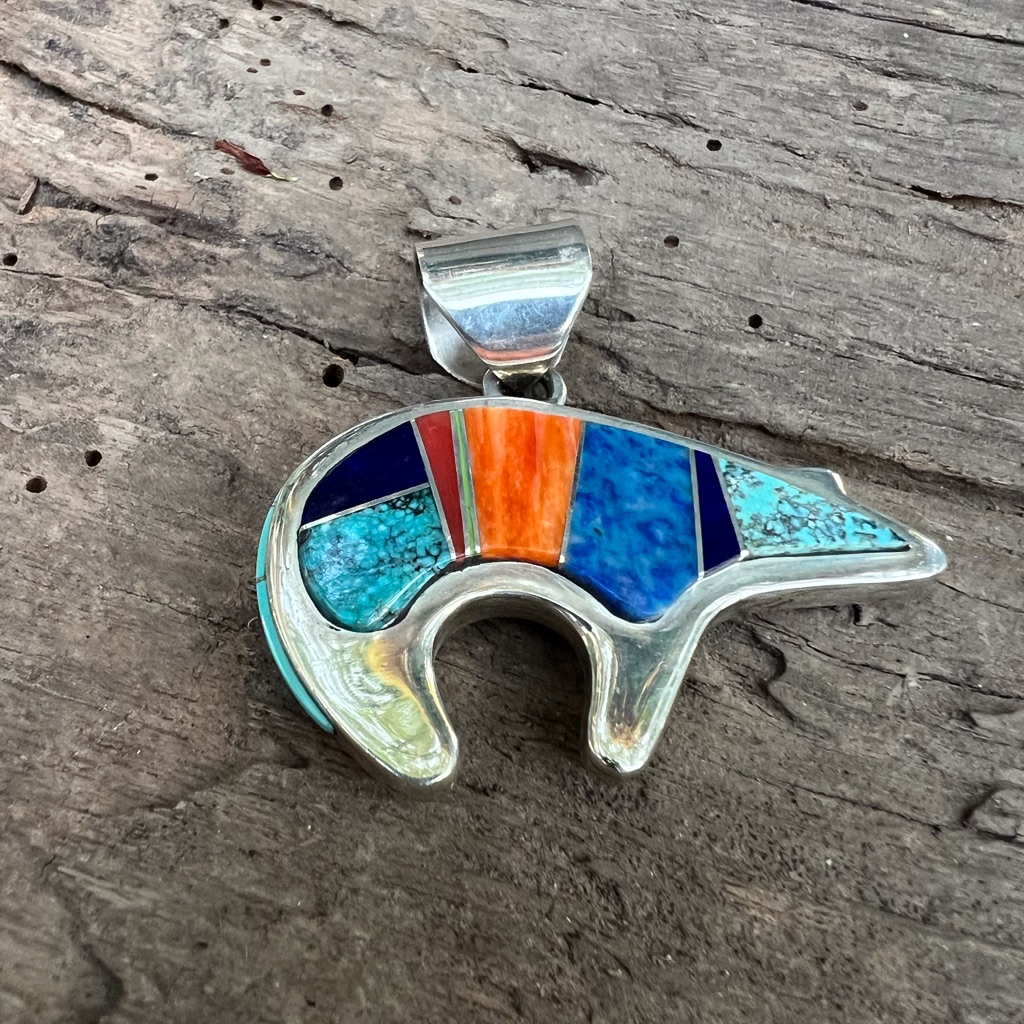 Navajo Wayne Muskett Sterling Silver Double-Sided Inlayed Stones Bear Pendant